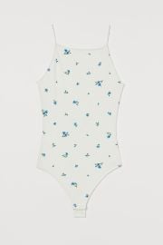 Ribbed Thong Bodysuit - Whiteblue floral - Ladies HampM US at H&M